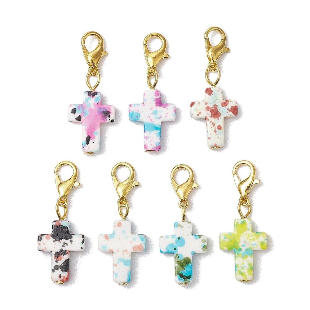 2514 70pcs 7 Styles Cross Shaped Synthetic Turquoise Charms with Lobster